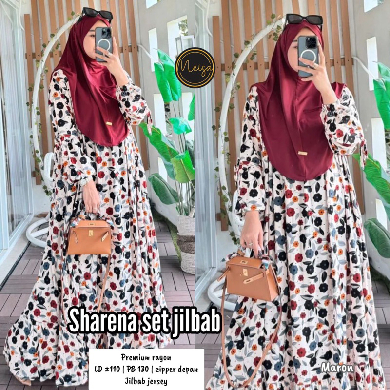 Sharena Set Hijab By Meisa Setelan Gamis dan Bergo Wanita Setelan Baju Muslim Wanita Motif Bunga Gam