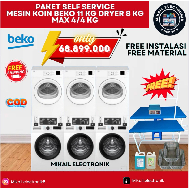 PAKET USAHA LAUNDRY COIN / KOIN BEKO 3 STACK MESIN CUCI DRYER GAS