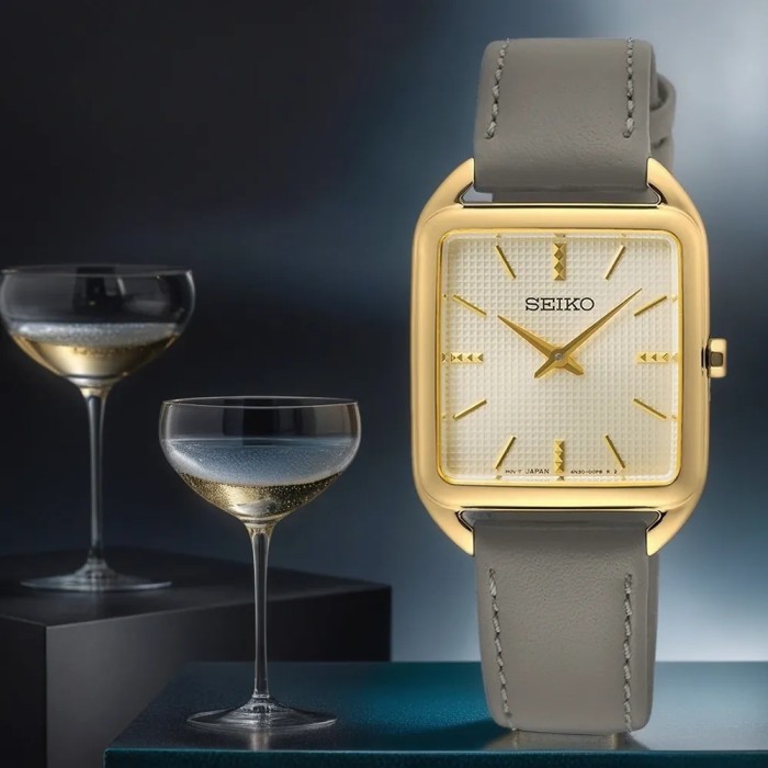 Seiko SWR090 Classic Madam Gold Dial Grey Leather Strap Jam Tangan Wanita Quartz
