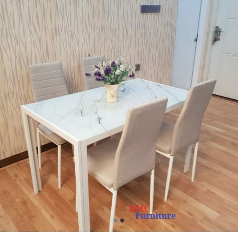 meja makan kaca tempered 4 kursi meja makan kaca motif marmer