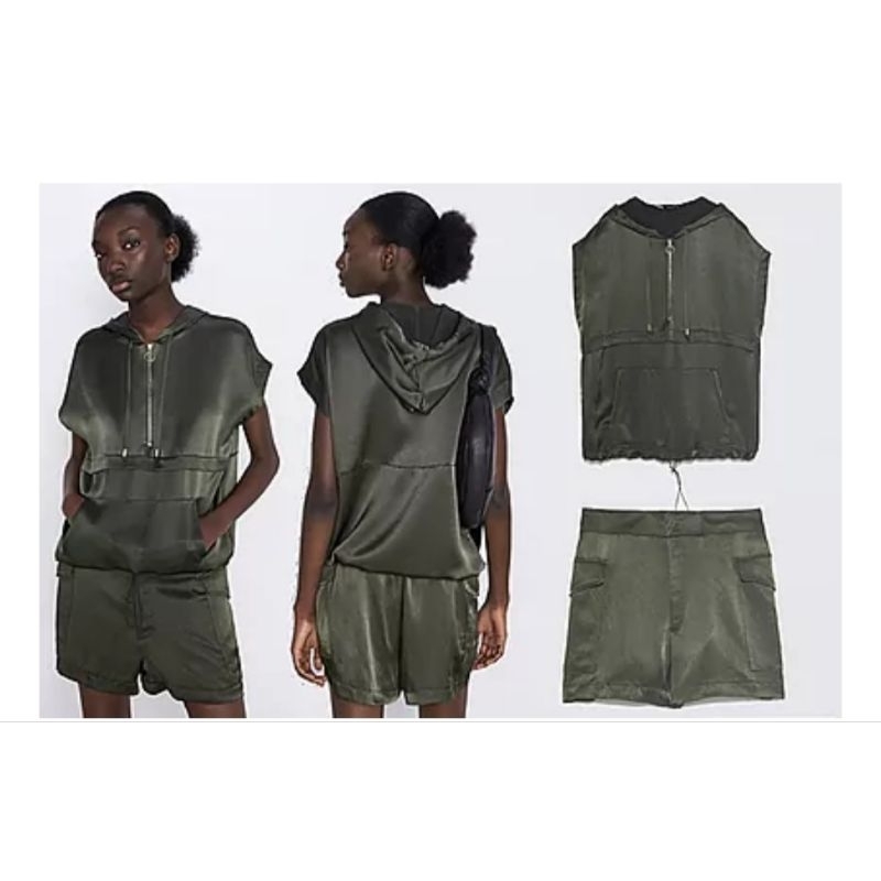 PR3L0VED ZARA SET HOODIE VEST ARMY - ZARA Shiny Green Sleeveless Hoodie Size S with short pants