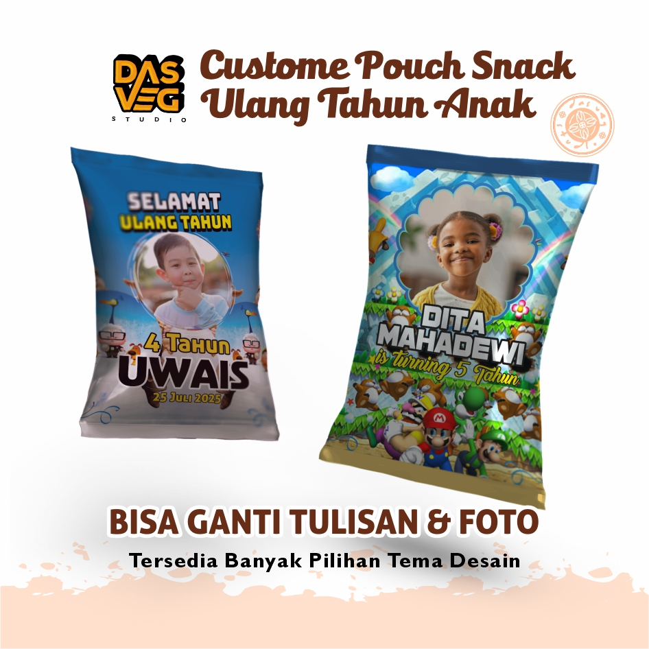 

Custom Pouch Kemasan Snack Ulang tahun anak | Souvenir Ultah banyak tema