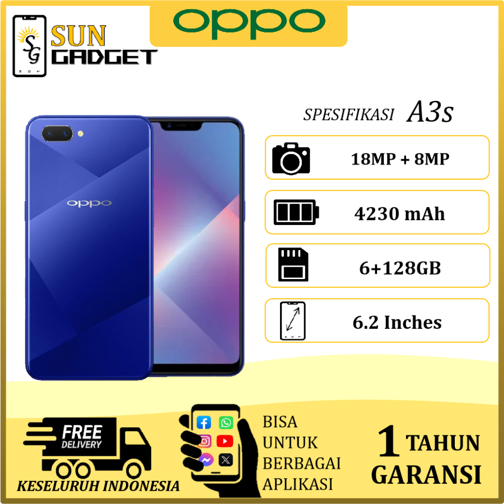 HP OPPO A3s RAM 4/64GB, 4/128GB, 6/128GB FULLSET 4G GARANSI 1 TAHUN