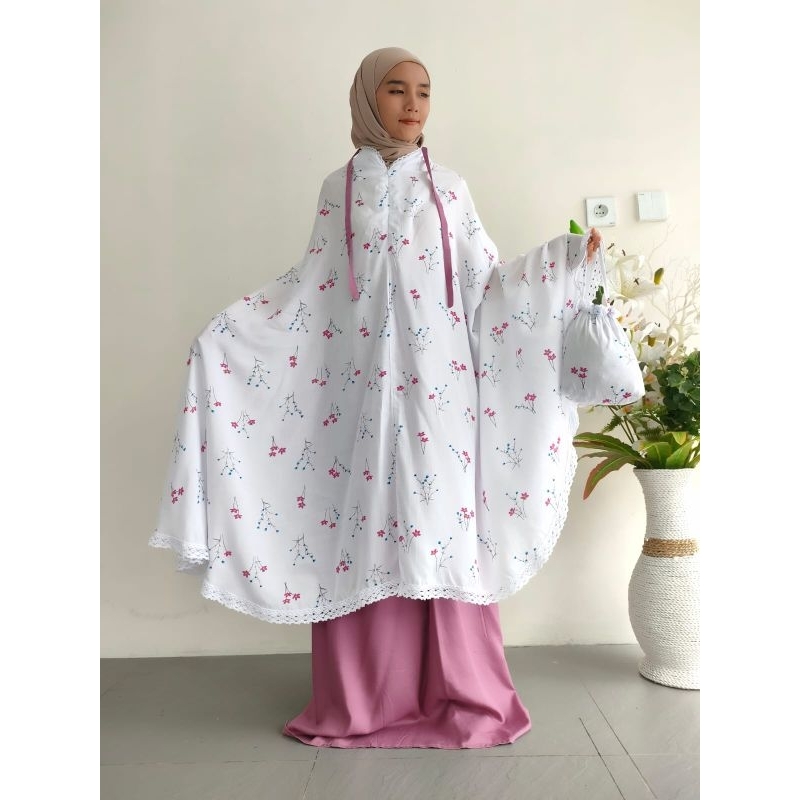 Mukena Rayon Putih Bermotip Model Resleting ( 2 in 1 ) Free Tas Cantik