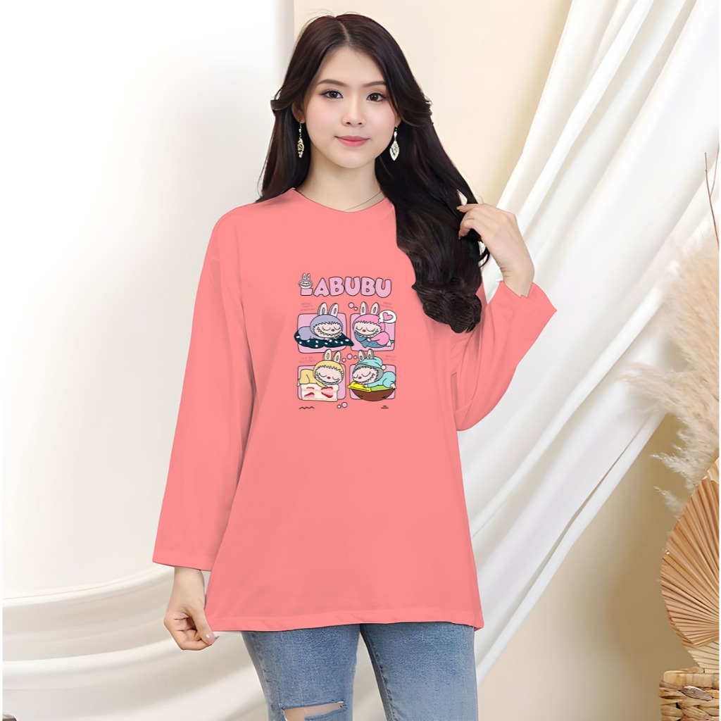Kaos Lengan Panjang Wanita Bahan Katun | Kaos Katun Wanita Loose Fit - Motif Lucu Terbaru