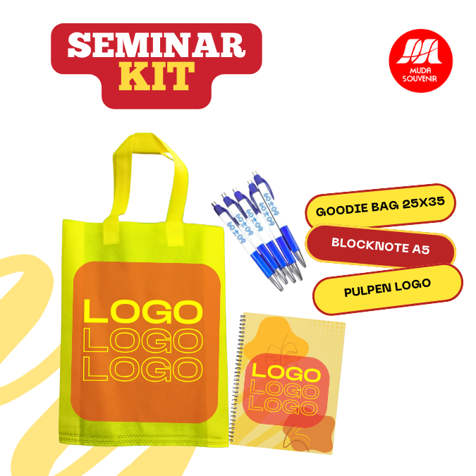 

Paket Seminar Kit Tas Goodiebag Spunbond Sablon Blocknote A5 Print Pulpen Logo Custom