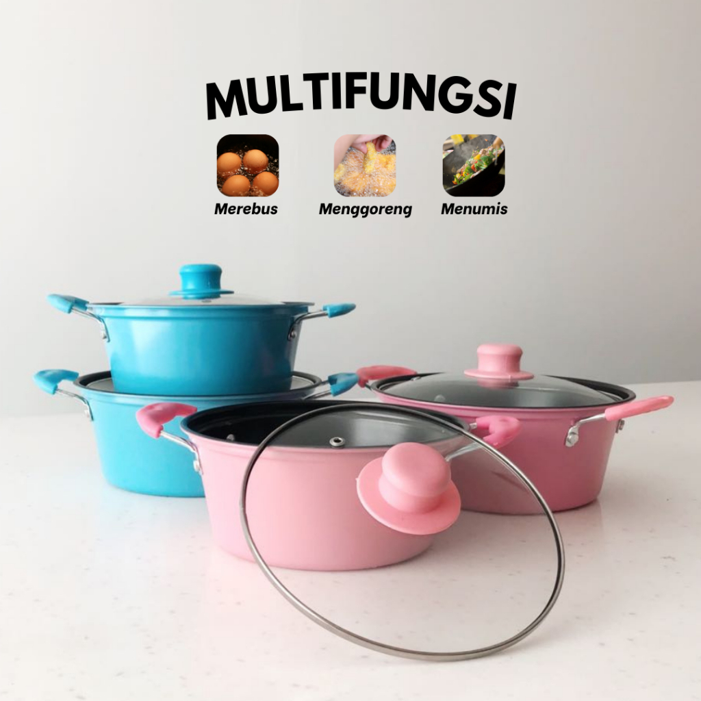 NEW FunCook Panci Enamel Warna Anti Lengket Tutup Kaca / Panci Kuah Sup