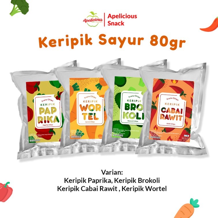 

KERIPIK SAYUR WORTEL BROKOLI FRUTA CHIPS 80GR APELICIOUS