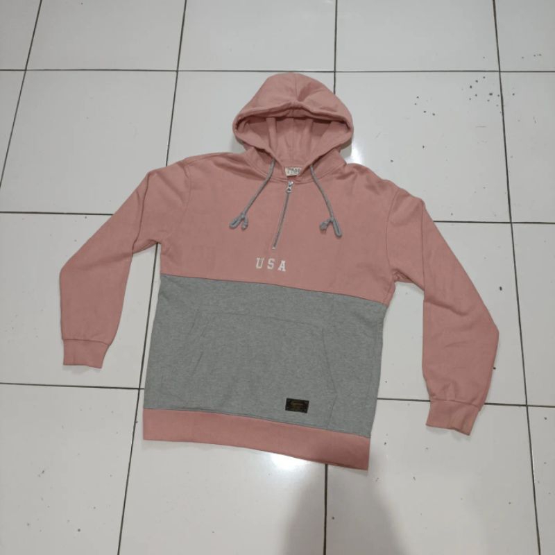 ‼️Hoodie WHOAU-WHO AU USA Bordir Ukuran Size On Tag M Two Color Block Pink Abu Vintage Zipper atas F