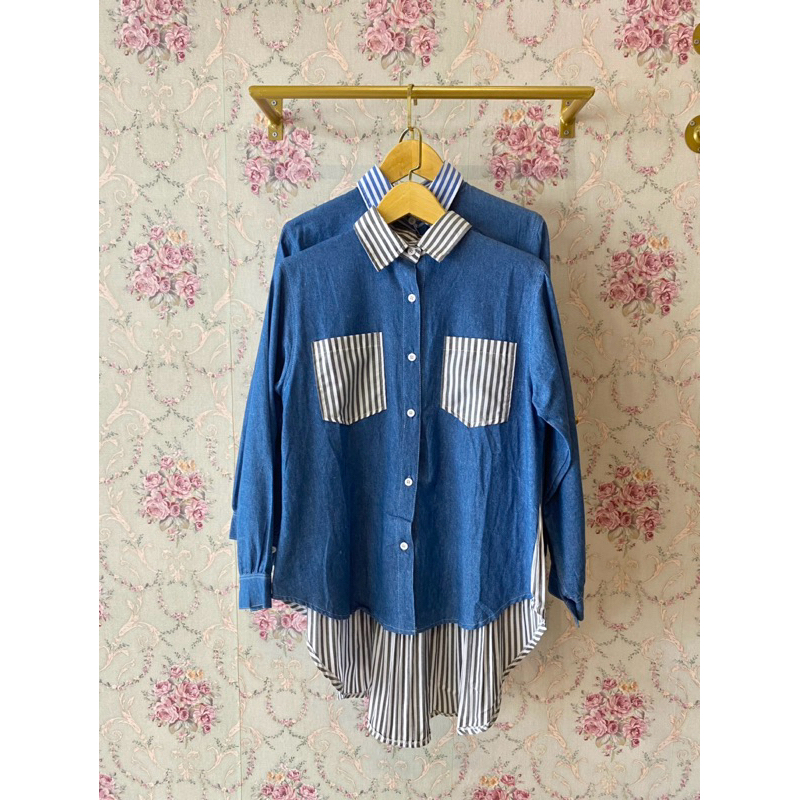 Atasan Wanita Kemeja Kombinasi Jeans Casual