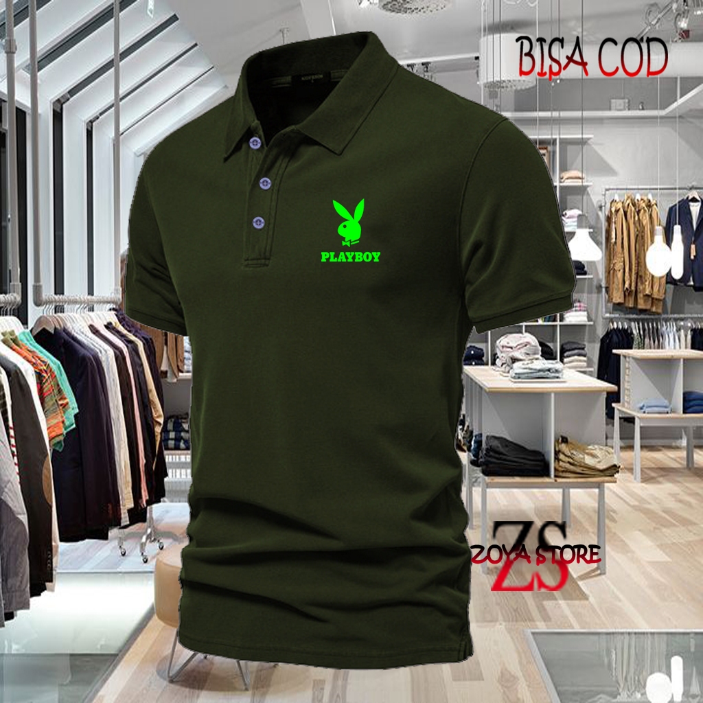 COD T-shrit POLO kerah Playboy Text Neon Kaos Kerah Dewasa Shirt / Kaos Wangki Pria Polo / Kaos Sera