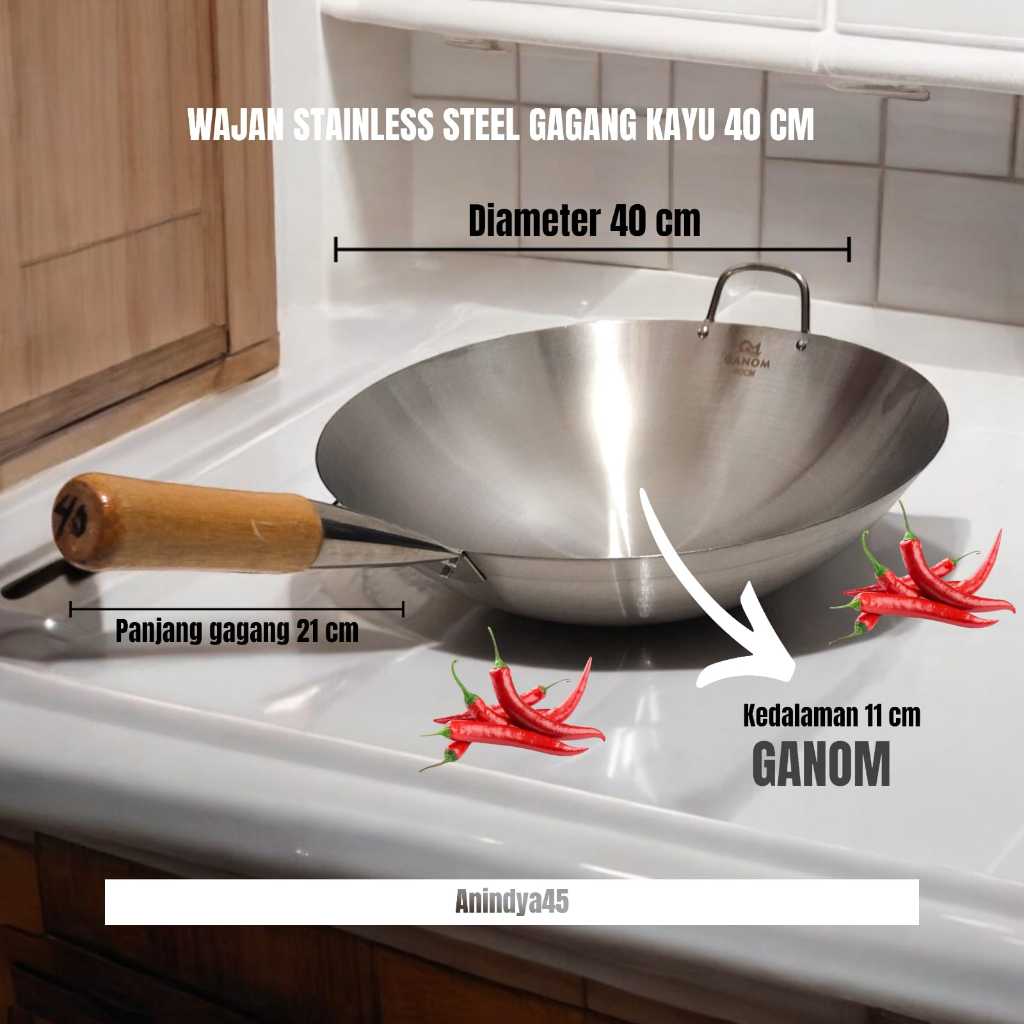 wajan stainless steel gagang kayu /kuali gagang stainless/wajan nasgor stainless gagang kayu