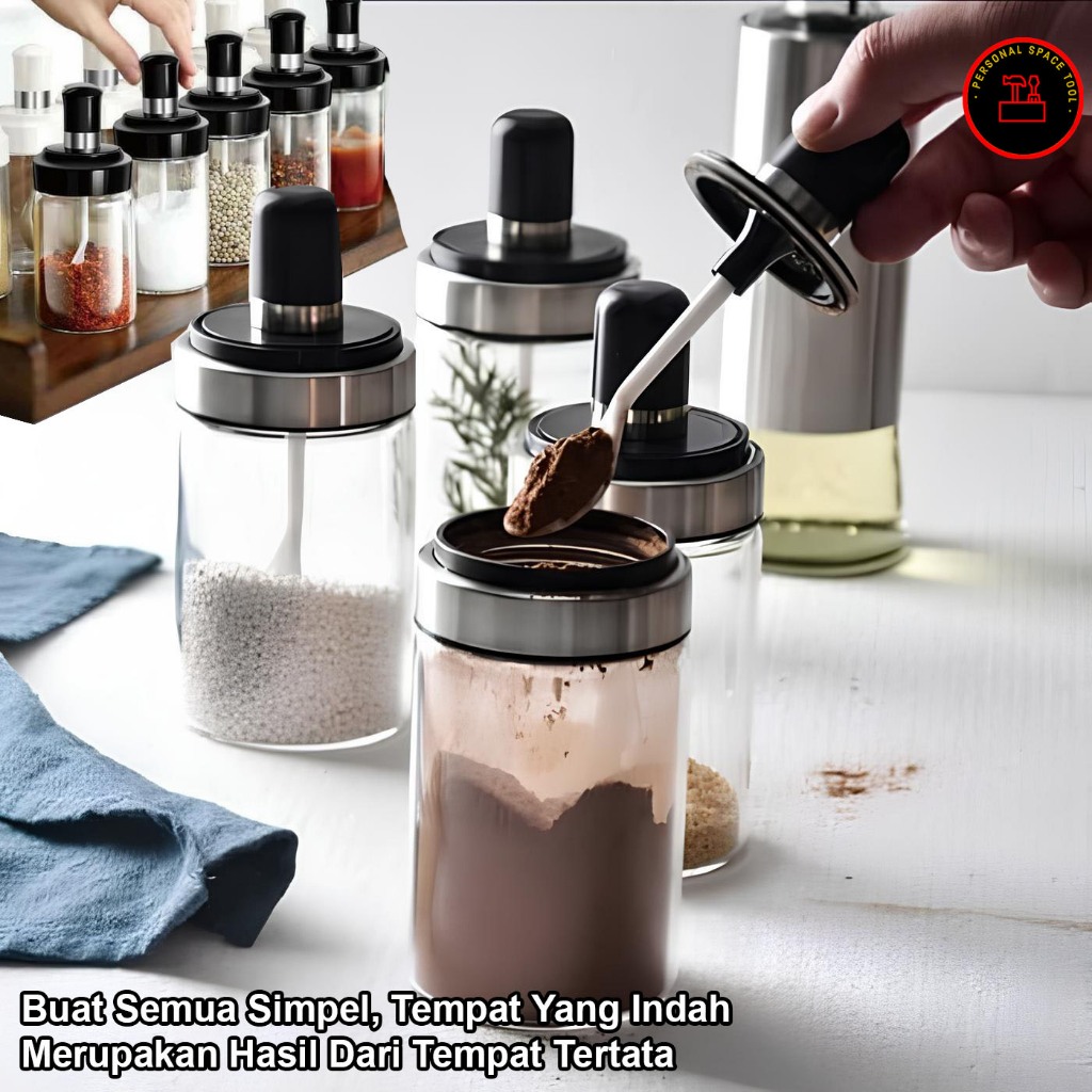 Tempat Bumbu Dapur Kaca Dengan Sendok / tempat bumbu dapur set aesthetic / penyimpanan bumbu dapur /