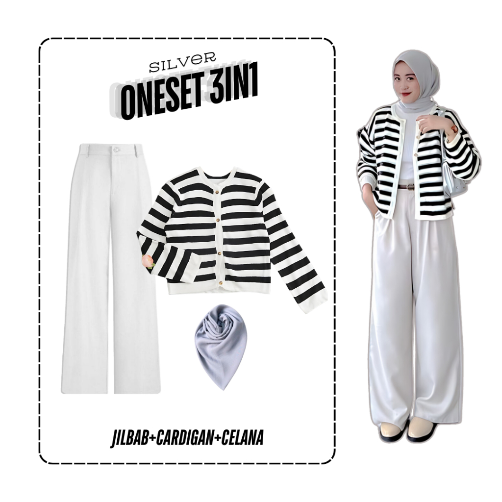 One set 3in1 cardigan kardigan rajut setrip garis hitam putih lengan panjang celana panjang putih ku