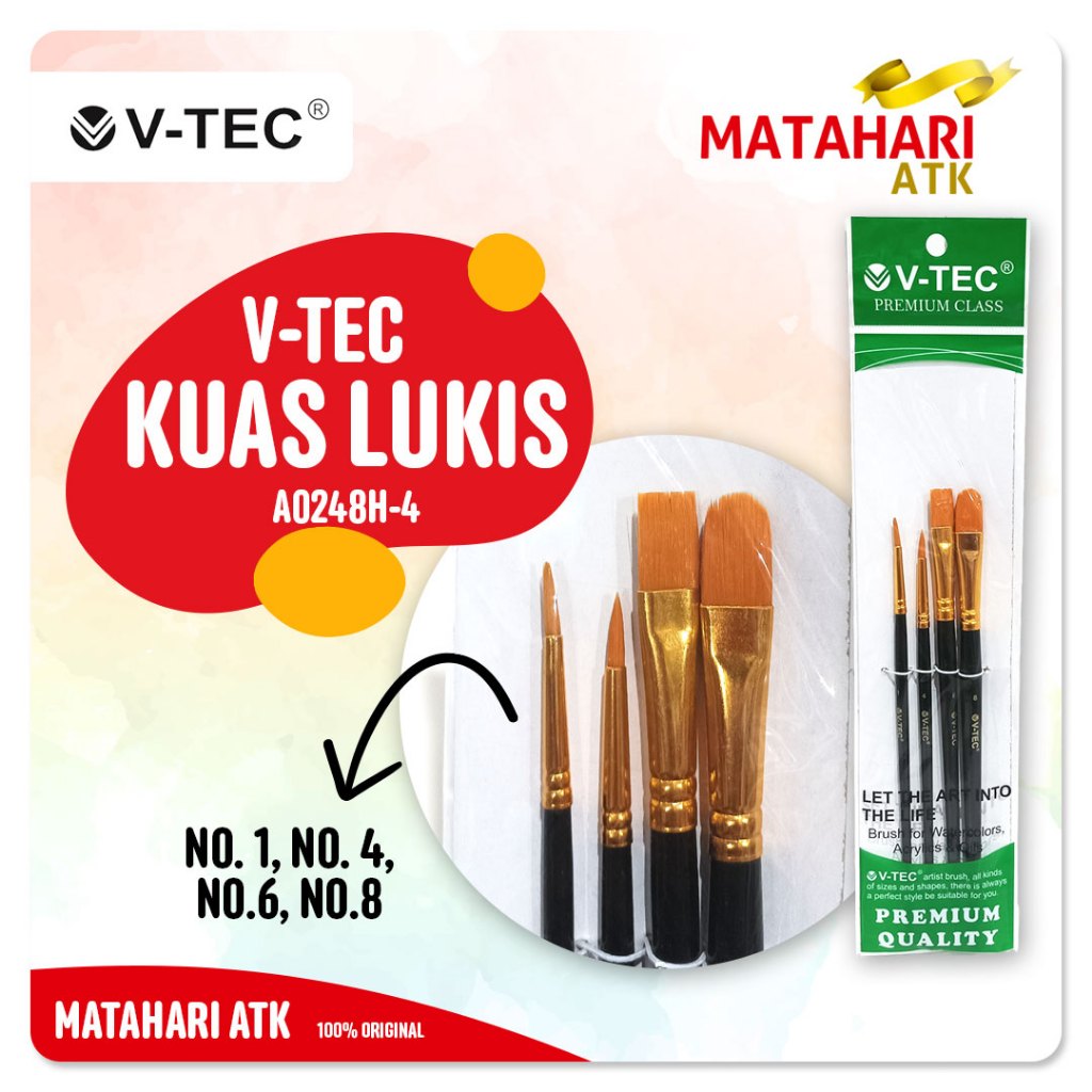 

Kuas V-TEC tipe A0248H/4 SET / Kuas Lukis VTEC / Brush for Watercolor Acrylic, Oil / 4 Ukuran V Tec No. 1 No. 4 No. 6 No. 8