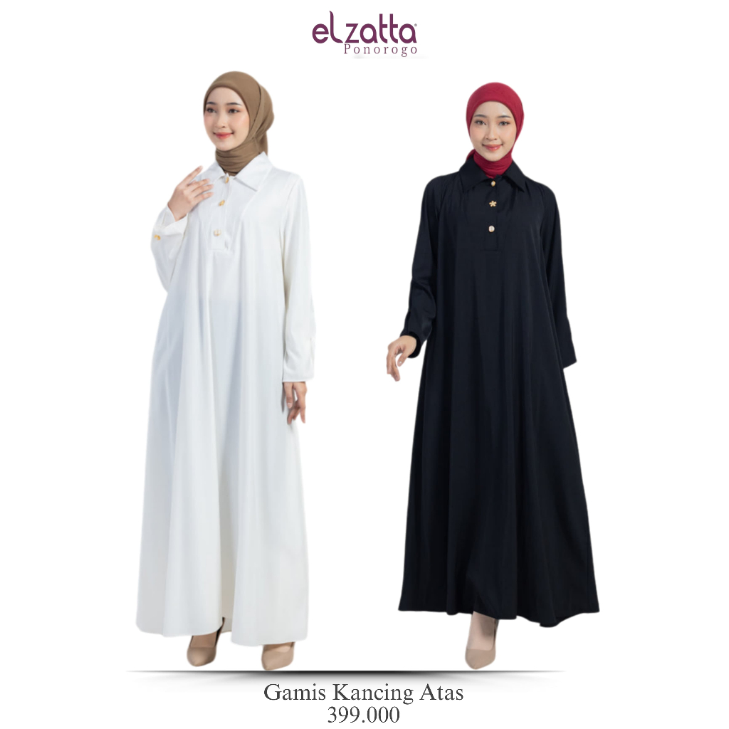 ELZATTA DRESS GAMIS KANCING ATAS GAMIS POLOS HITAM PUTIH (PONOROGO)