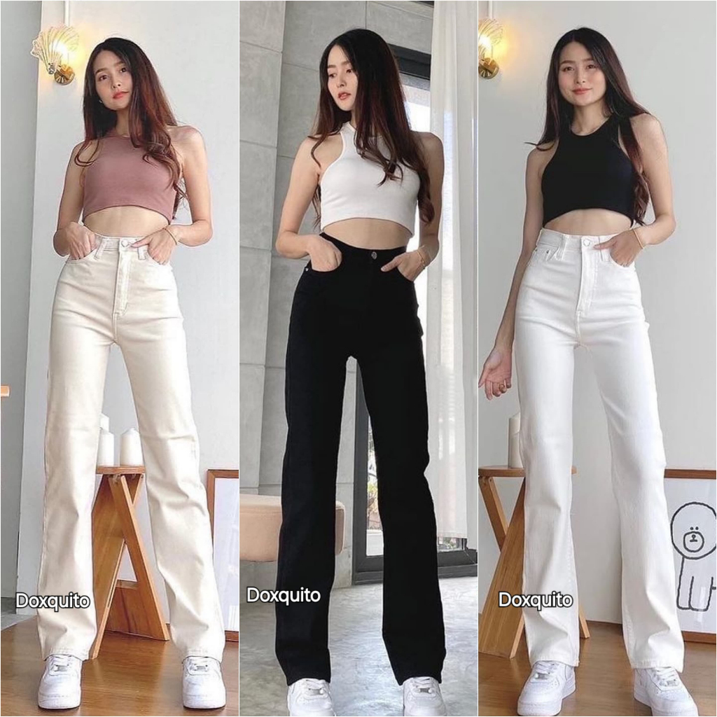 Doxquito - Highwaist Loose Denim Putih Baggy Celana Jeans Wanita Panjang Hitam Cream Korea Style