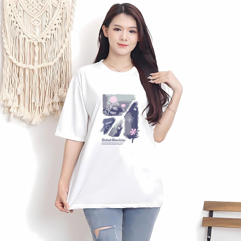 Kaos oblong oversize lengan pendek wanita distant bunga pink