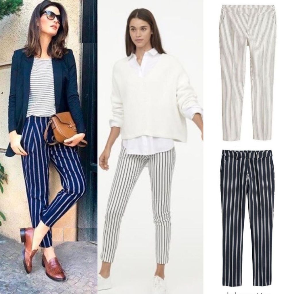 HM Women Slim Ankle Stripe Pants - Celana bahan - Trouser wanita - Celana panjang casual