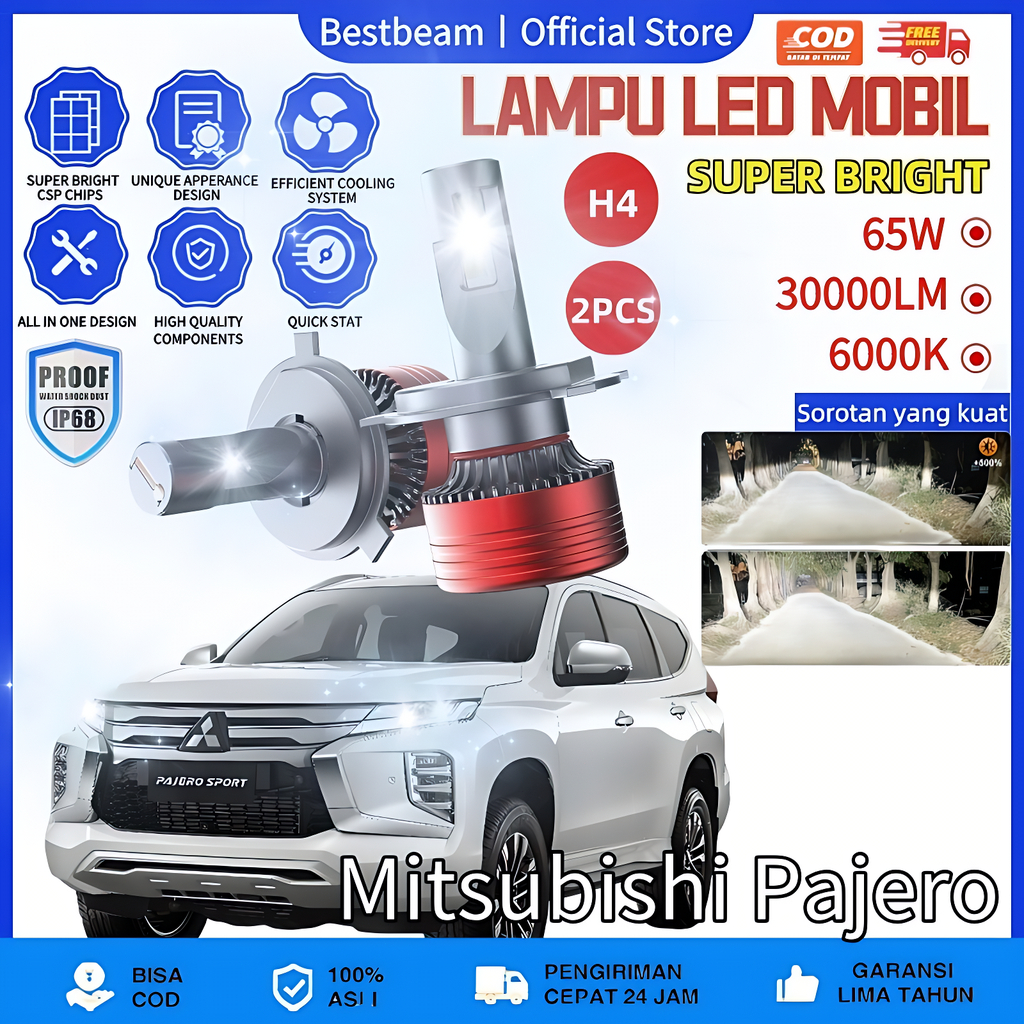 [Mitsubishi Pajero] LAMPU LED MOBIL H4 H11 H1 H7 9005 9006 9012 65 WATT 30000LM 6000K SEPASANG