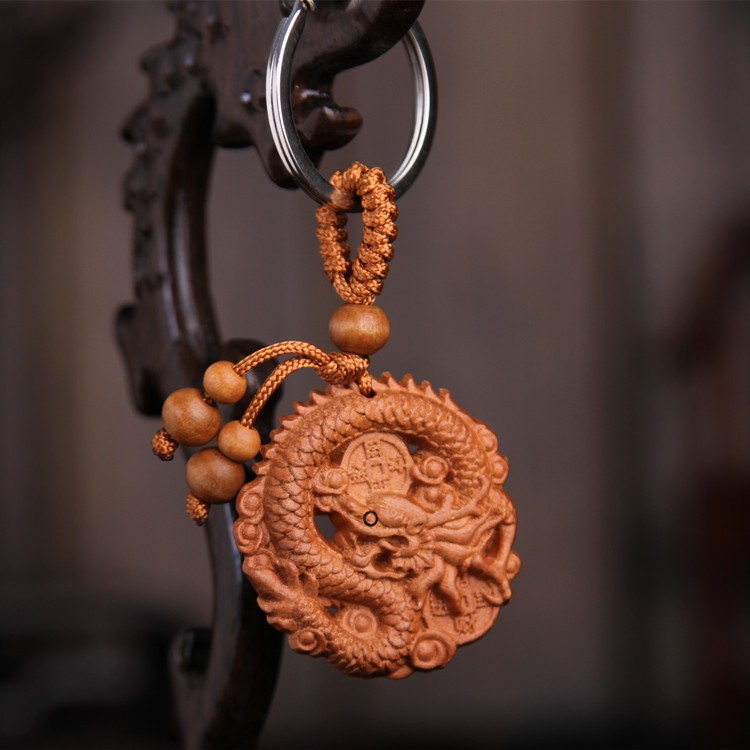 Gantungan Kunci Naga Bulat Bahan Kayu Mahogani Ukir Tangan - Natural Wood Dragon Keychain Very Good 
