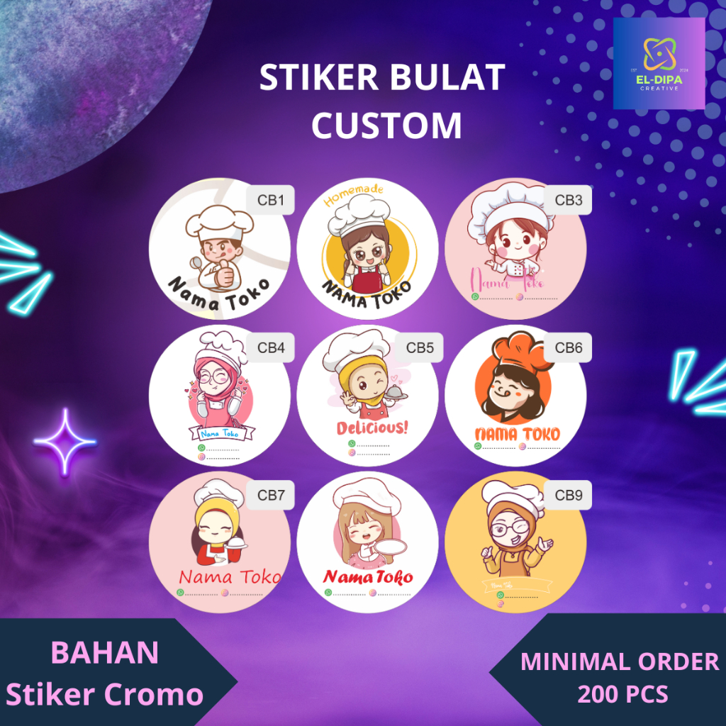 

Cutting stiker Bulat cromo, label kemasan, label makanan, label minuman, label online shop murah