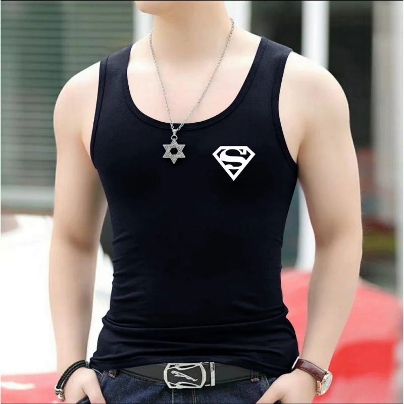 Singlet Pria Dewasa Logo Superman Kecil Kaos Dalaman Gym Baju Cowok Lekbong Keren