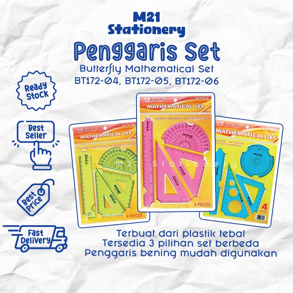 

PENGGARIS MATHEMATICAL SET BUTTERFLY BT172-04, BT172-05, & BT172-06 / PENGGARIS SET 4 IN1 PENGGARIS LURUS SEGITIGA BUSUR WARNA BENING ORIGINAL ALAT UKUR ALAT TULIS KANTOR MURAH LENGKAP / M21 STATIONERY JOGJA