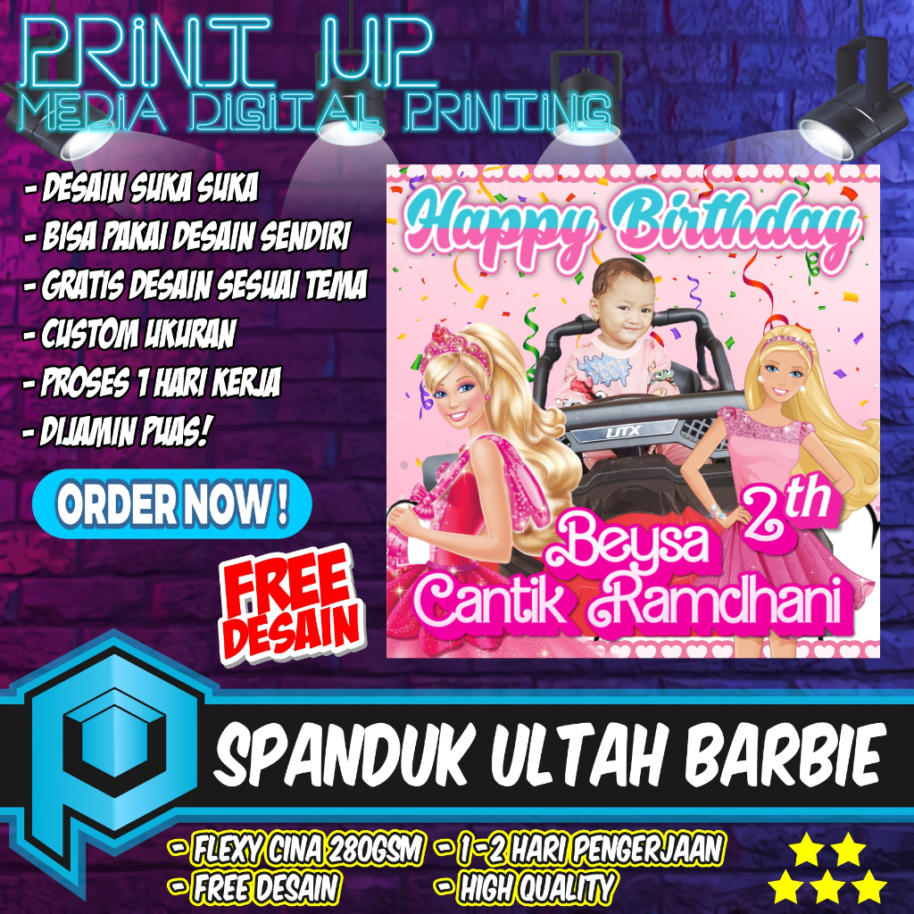 BANNER SPANDUK ULANG TAHUN ANAK TEMA BARBIE / SPANDUK ULTAH BARBIE / SPANDUK ULTAH ANAK ANAK