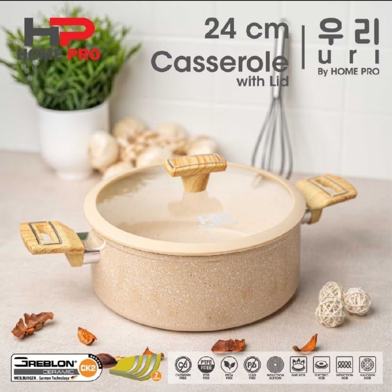 HOME PRO Uri Series Granite Ceramic Casserole 24cm Panci Anti Lengket Tutup Kaca