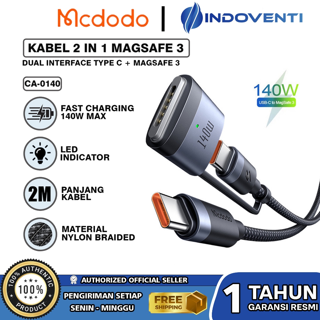 MCDODO Kabel 2 IN 1 Magsafe 3 + PD3.1 Type C Fast Charging 140w For Laptop Macbook Air Pro