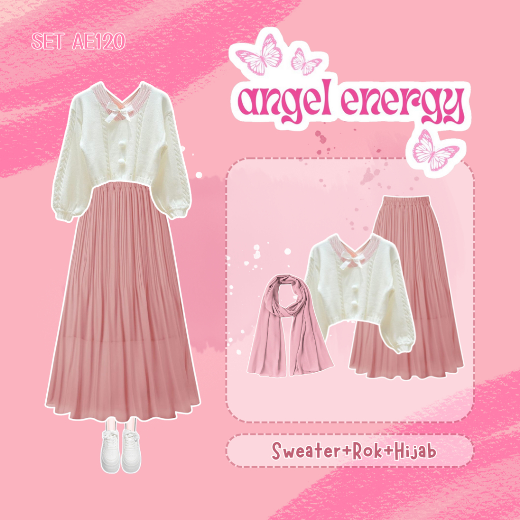 sharenaoutfit - 3 IN 1 One Set Hijab Korean Style Outfit Remaja Wanita Kekinian Sweater Kawai Rok Pl