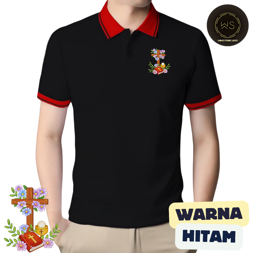 Kaos T Shirt Polo Berkerah Kombinasi Warna Motif SALIB BUNGA / pria lengan pendek / sablon DTF / uku