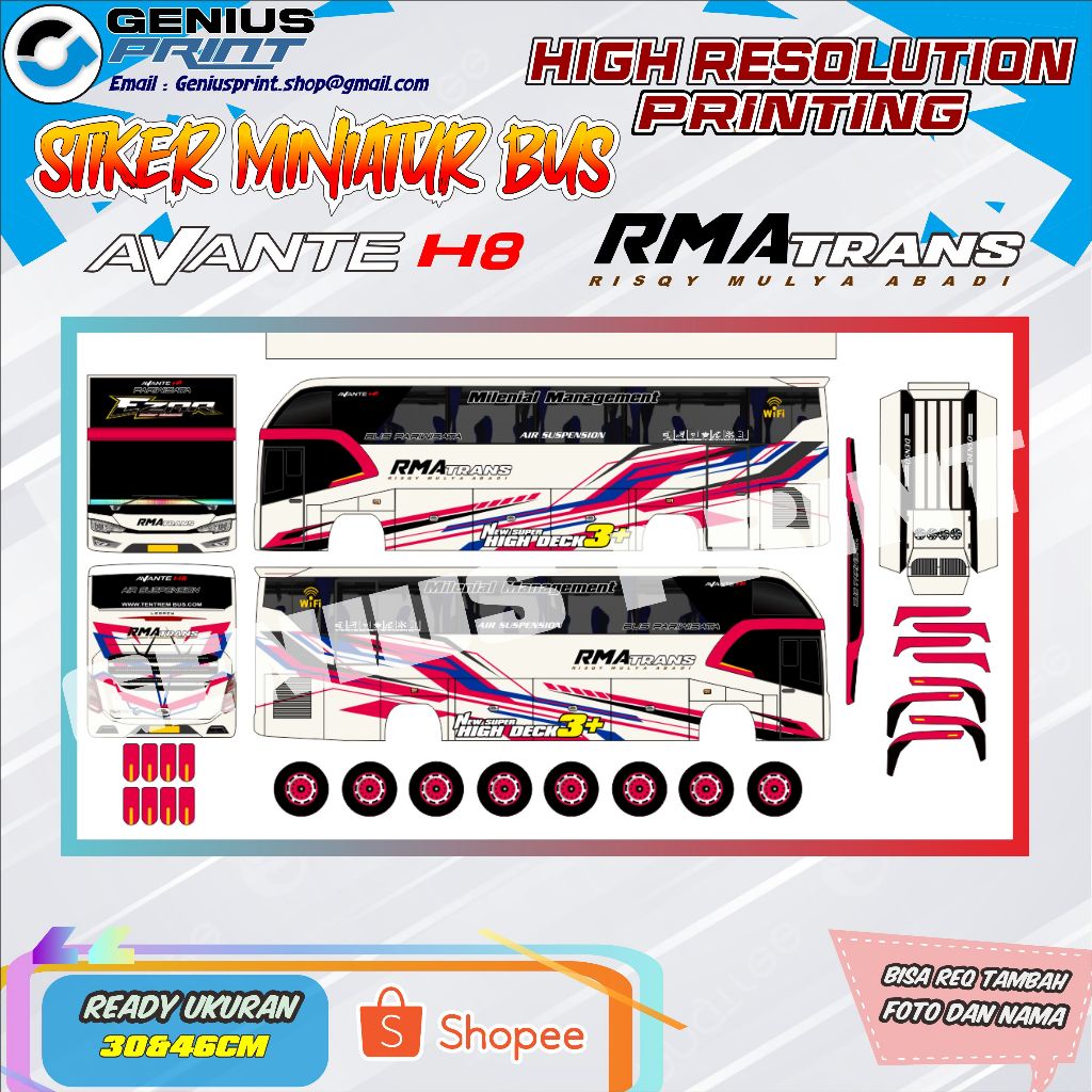 Stiker Mainan Miniatur Bus Avante H8 Livery RMA Trans | Cahaya Trans | Nafit Trans | Pt. Delima Sri 