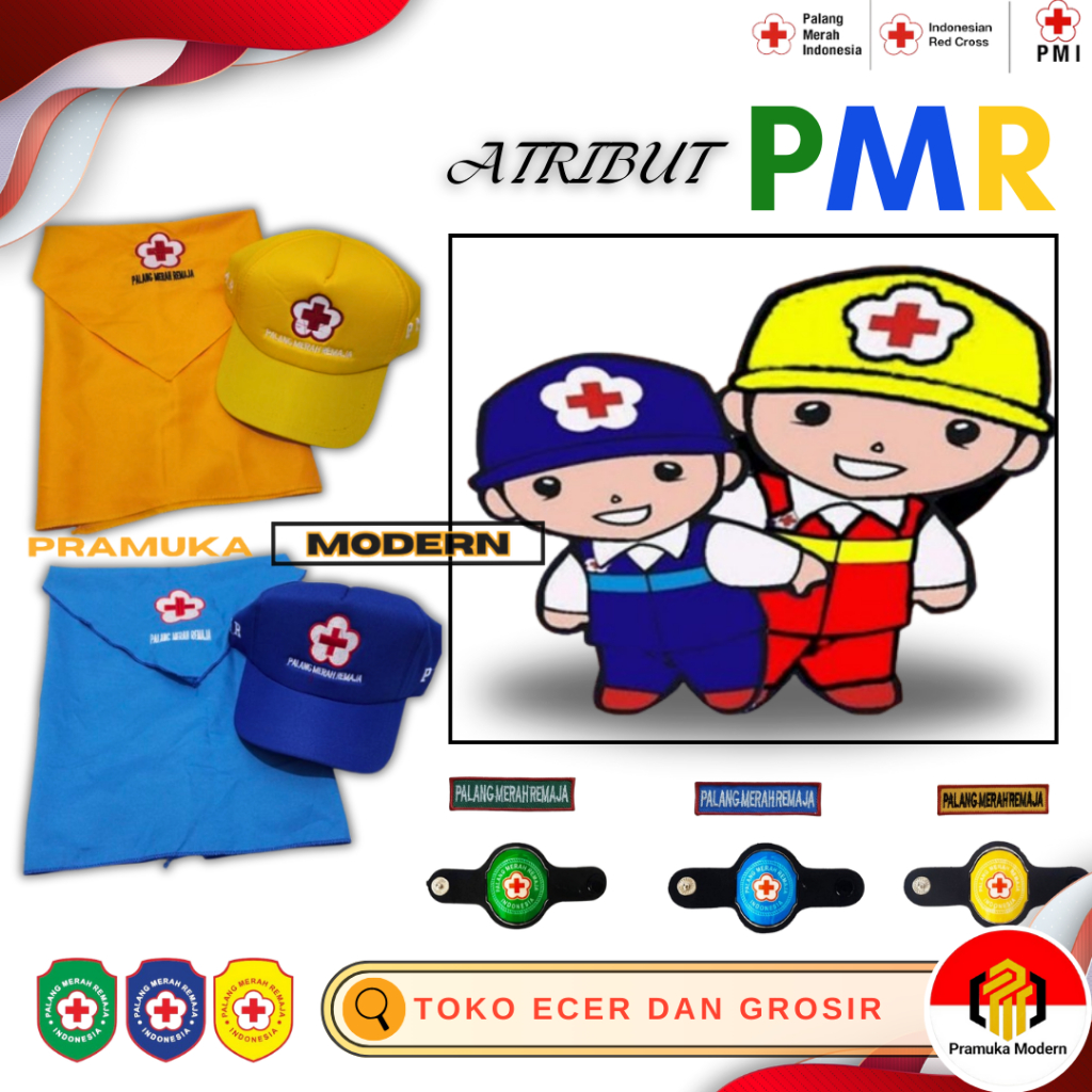 Atribut PMR madya wira lengkap topi syal ring emblem PMR biru dan kuning