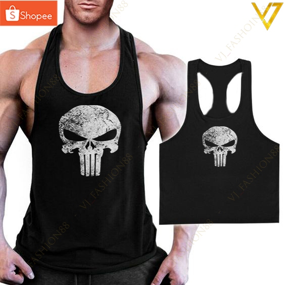 SINGLET HITAM PRIA MOTIF PUNISHER - TANKTOP RUNNING GYM SPORT