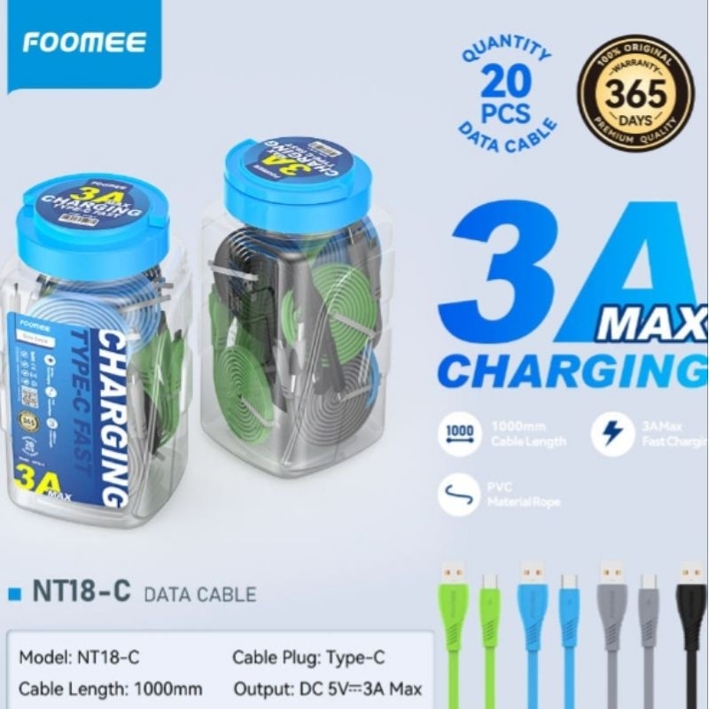Foomee NT18-C Cable Flat Type-C 3A , Kabel Data Type-C Gepeng NT18c 1 Toples