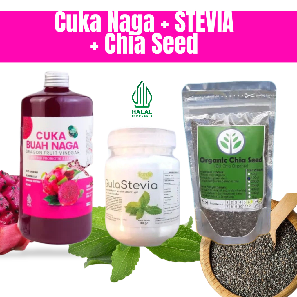 

CUKA NAGA+CHIA SEED+GULA STEVIA 110gr (bisa untuk 550 gelas)