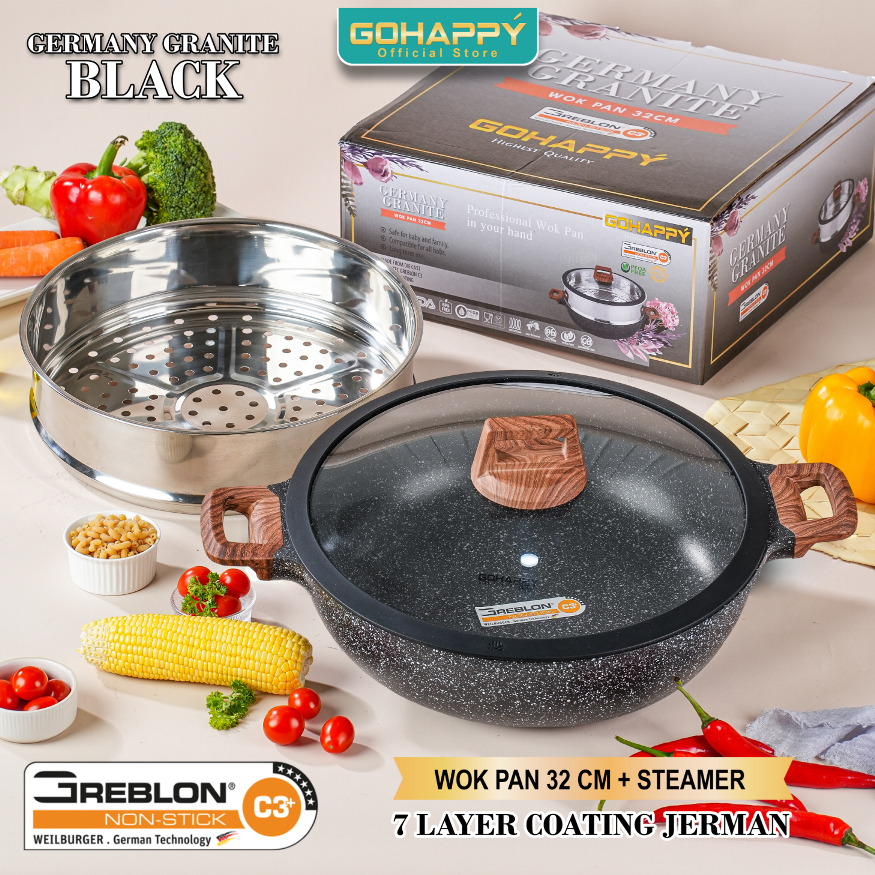 Panci Besar WOK PAN 32 BLACK STEAMER Gohappy Germany Granite Greblon C3 Jerman