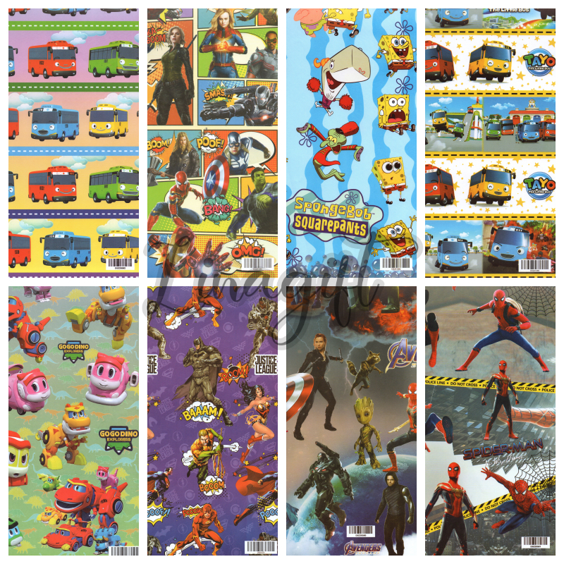 

( 5 Lembar ) KERTAS KADO VL DS BOYS - GIFT WRAPPING PAPER SUPERHEROES TAYO SPONGEBOB DORAEMON