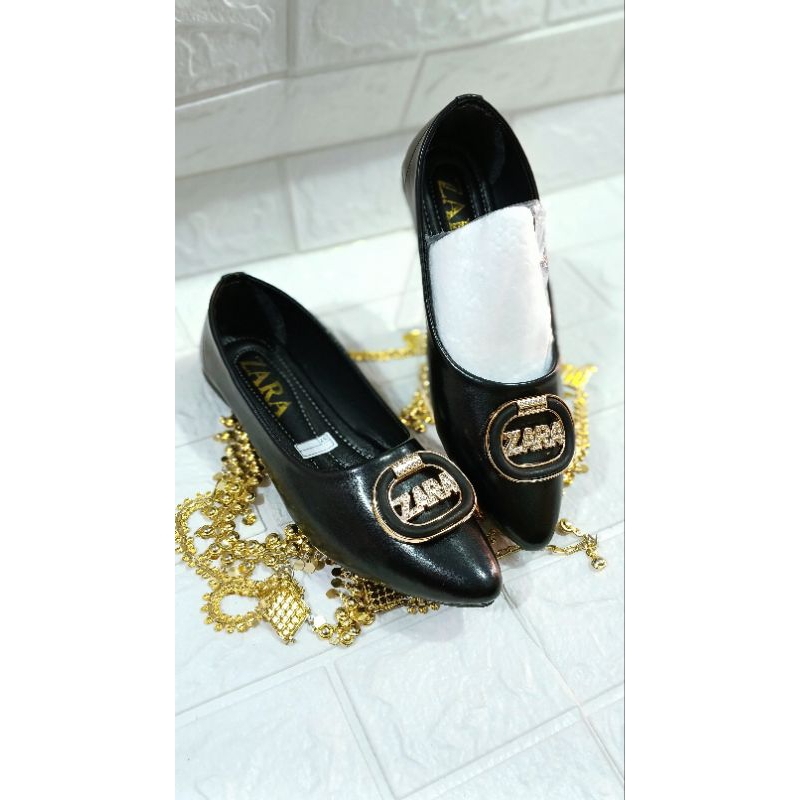 Pansus Flatshoes wanita kulit sintetis sol karet model import ZARA