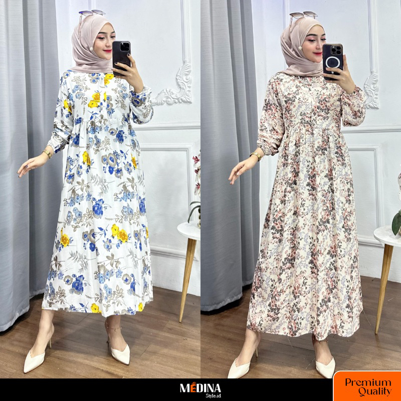 Medina Dress Rayon Motif / Gamis Rayon Premium/ Gamis Premium Quality / Gamis Putih / Gamis Hitam / 