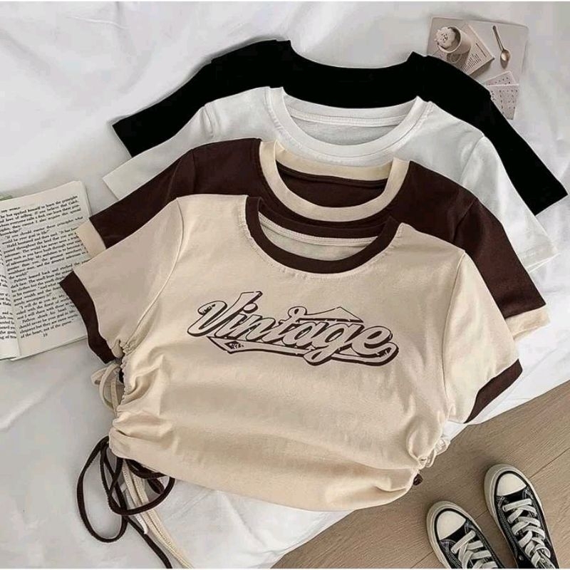 T SHIRT VINTAGE CROP TALI SERUT ATASAN BAJU WANITA CROP TOP
