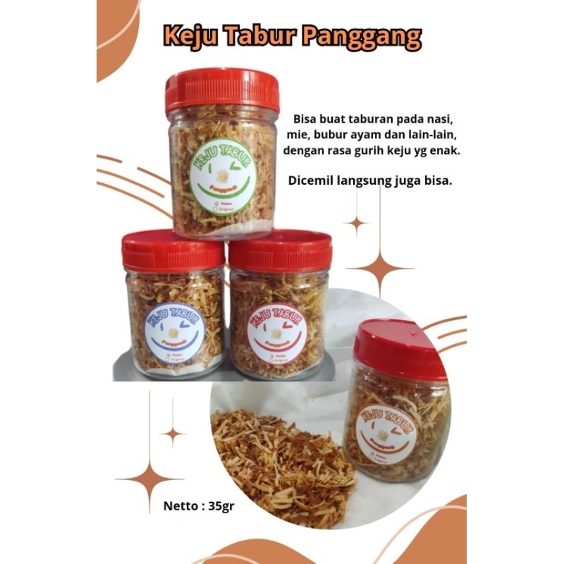 

Keju Tabur PanggangOlahan keju dengan rasa gurih pedas.Penikmat keju wajib coba. Bisa buat taburan pada nasi, mie, bubur ayam, bakso dan makanan lain, dengan rasa gurih keju yg enak.Dicemil langsung juga bisa.Netto : 35gr/cup