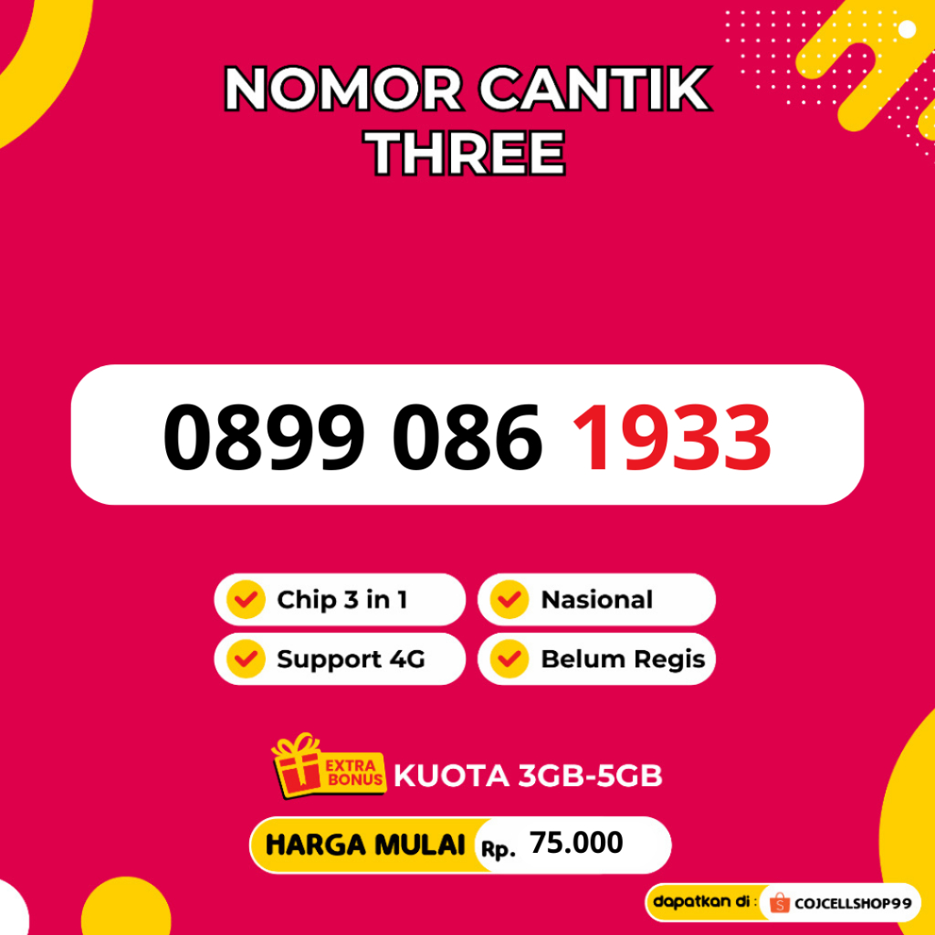 Nomor Cantik Tri Murah Tahun Lahir Bonus Kuota 3GB - Kartu Perdana Tri Cantik Tahun Lahir Persib - K