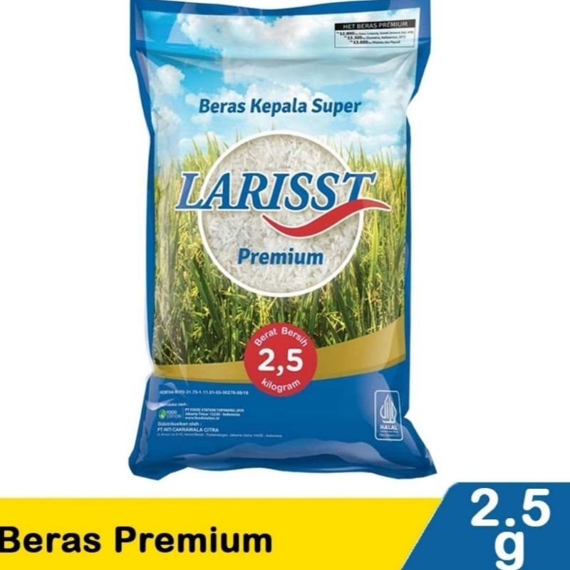 

LARISST BERAS PREMIUM KEMASAN 2.5 KG HALAL PULEN PUTIH BERSIH TStore