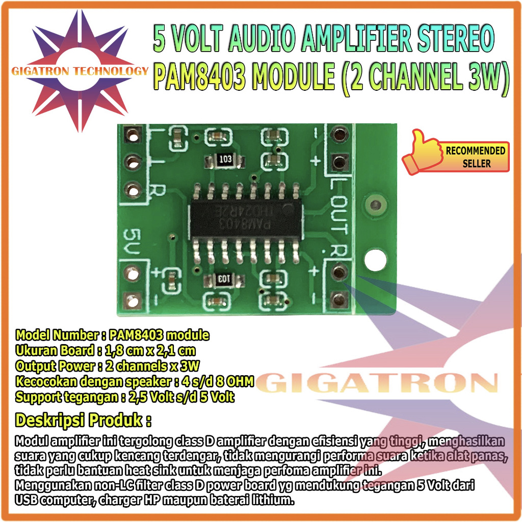 PAM8403 Mini Digital Audio Amplifier Class D 2 x 3W 5V DC / Micro PAM8403 5V Audio Amplifier PAM 840