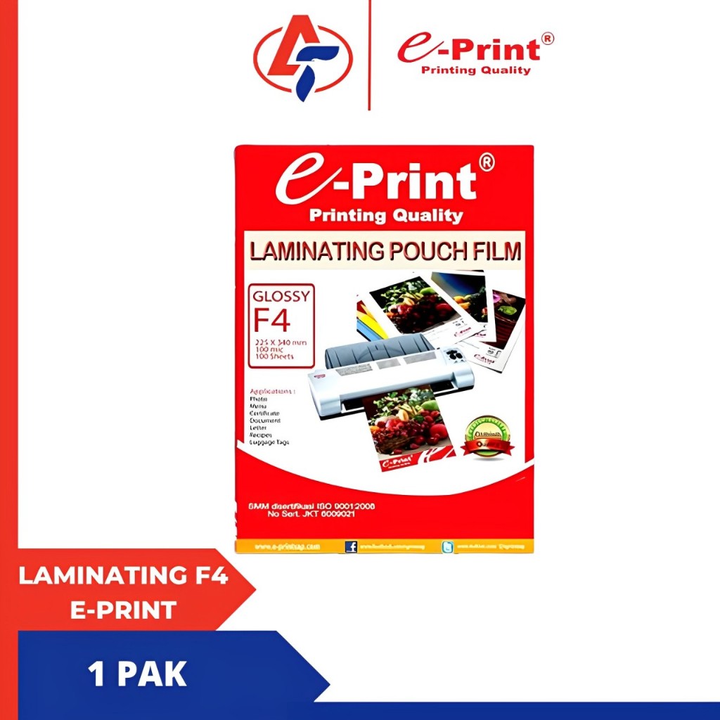 

EPRINT LAMINATING POUCH F4 100 MIC 100 SHEETS - E-PRINT KERTAS LAMINASI KANTONG PANAS F4 100 MIC100 SHEETS