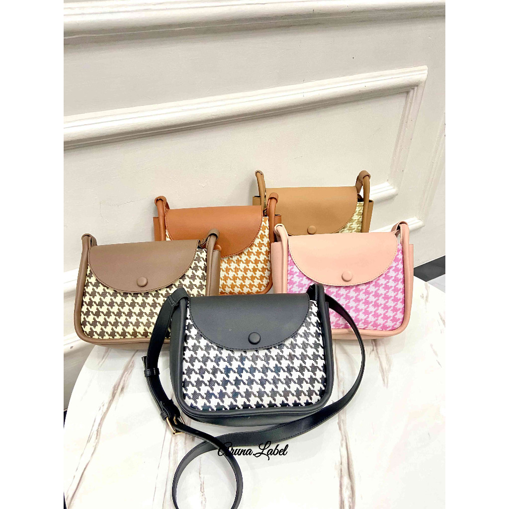 Aruna-Tas selempang wanita/Tas wanita Ellena kotak houndstooth/Tas wanita kekinan korean style
