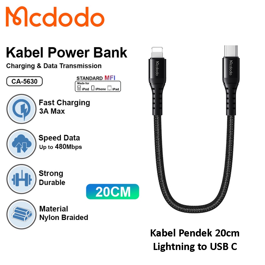 MCDODO Kabel Pendek USB Type C to iPhone Lightning PD Cable 20cm Fast Charging 5630